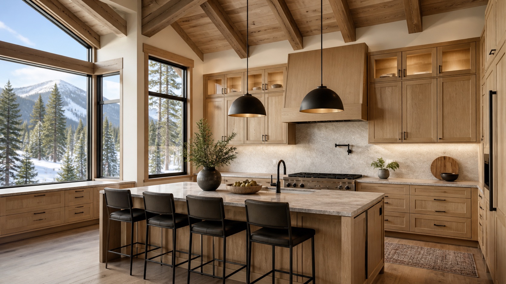Mountain-modern kitchen overlooking snowy pine trees and Colorado peaks